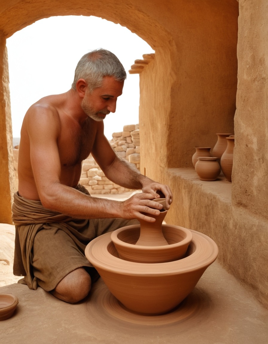 ancient men, pottery, potter's wheel, ancient greece, 600 bc, craftsmanship, artisans