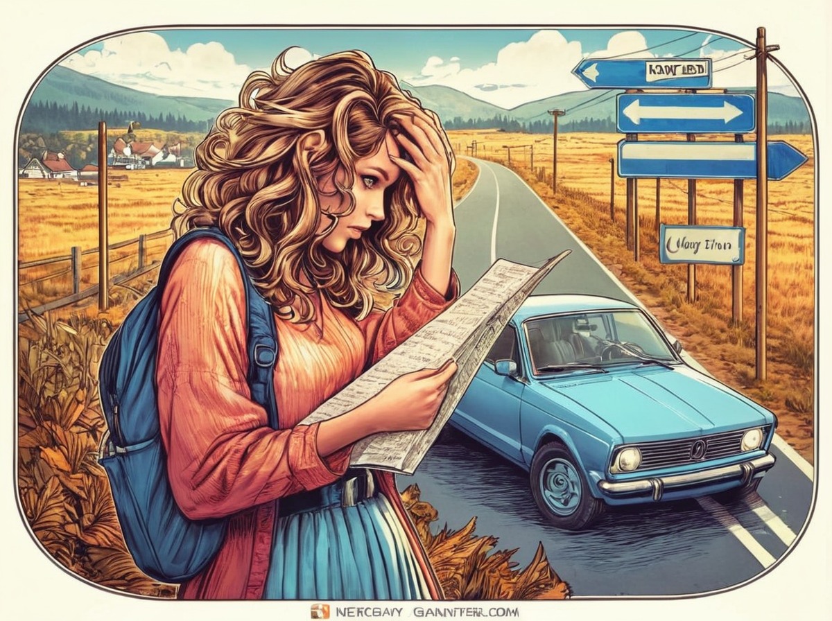 digitalart, drama, vintage, car, backpack, belt, clueless, countryside, driver, fences, illustration, lady, lost, map, messyhair, mountains, powerlines, print, retro, road, signs, skirt, sweater, tattooedgirl, artillustration, dailychallenge