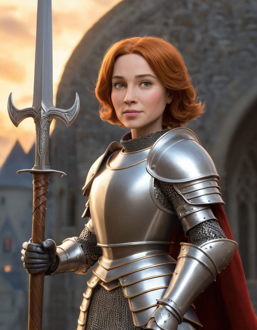 joan of arc, caricature, oversized armor, comically large sword, humor, funny