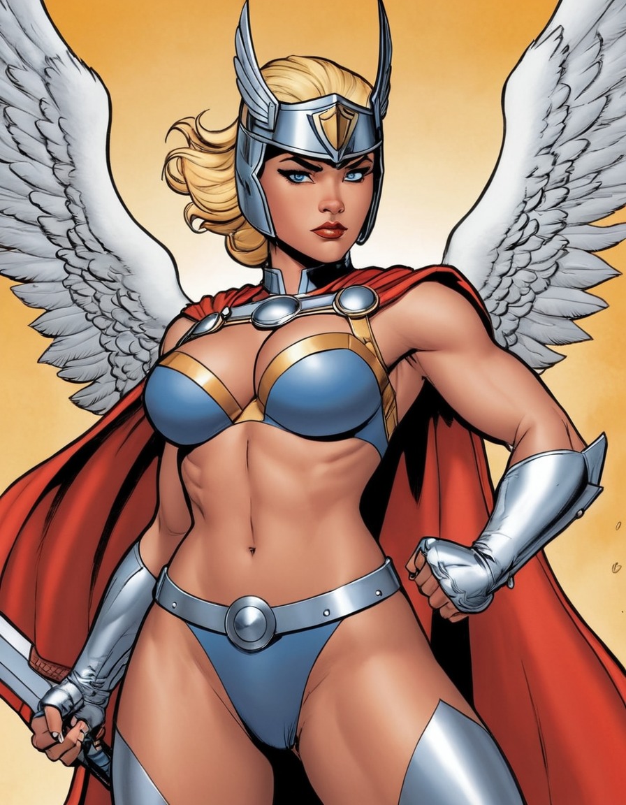 valkyrie, marvel comics, female superhero, warrior, powerful, confident, battle-ready, sexy, superhero, painted