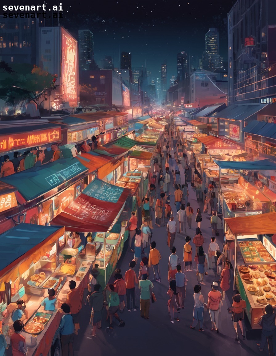 crowds, people, food trucks, night market, browsing, modern city, city