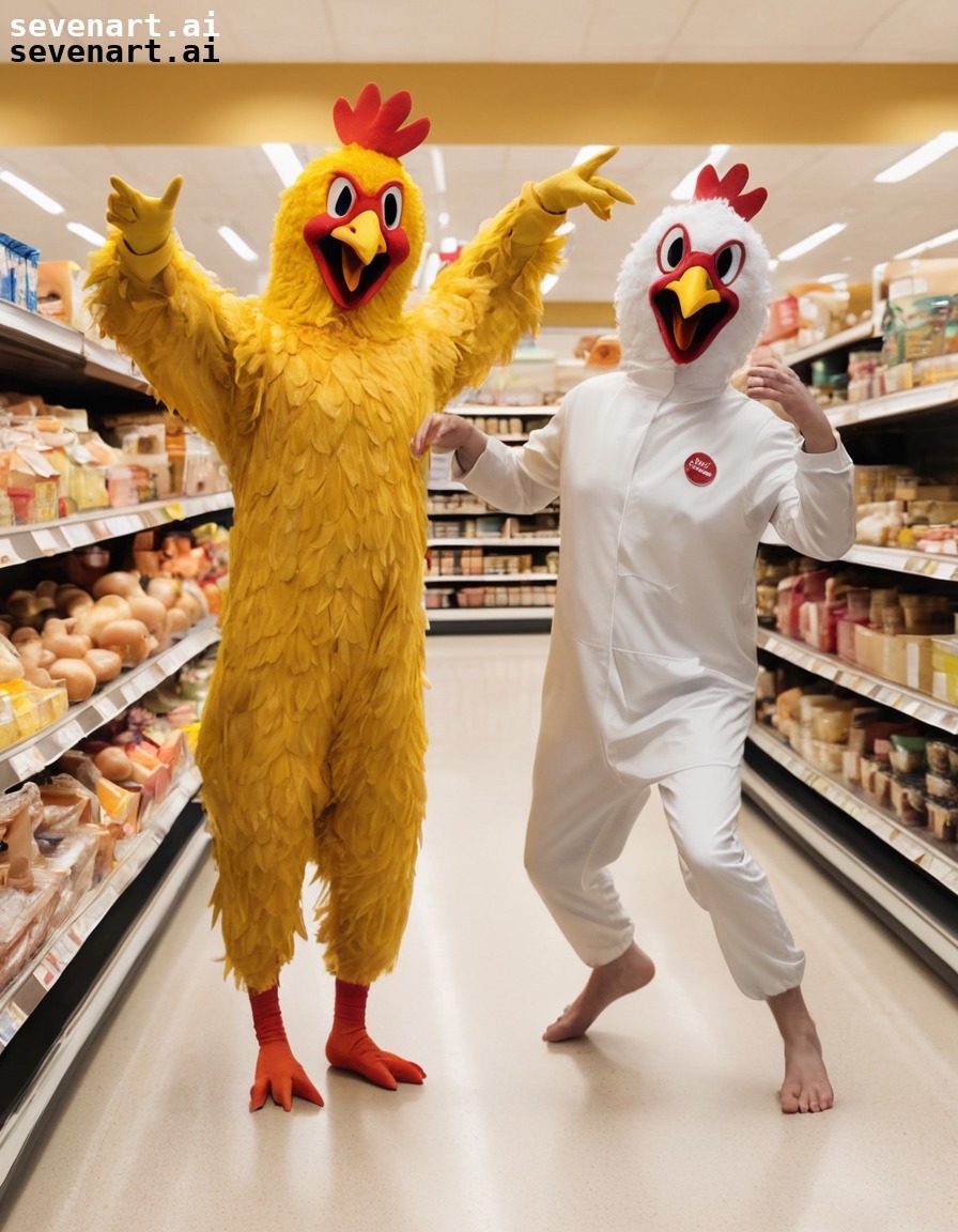 comedy, dance-off, chicken costumes, grocery store, fun, people