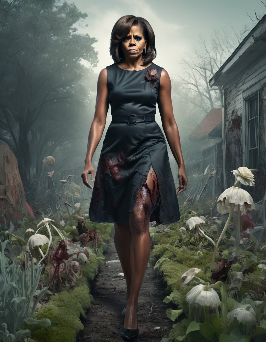 michelle obama, zombie, stylish outfit, decaying garden, politics