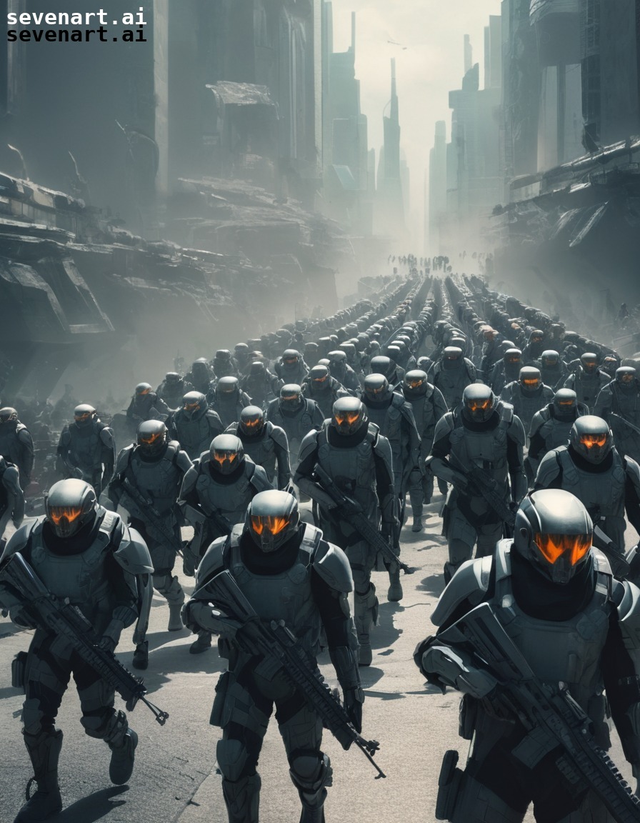 futuristic, soldiers, army, dystopian, city