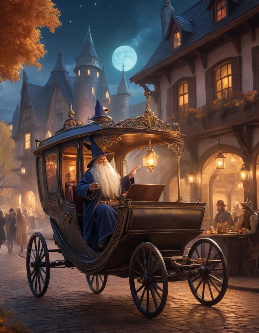 wizard, spellcasting, self-driving carriage, onlookers, tavern, magic, fantasy, medieval, art