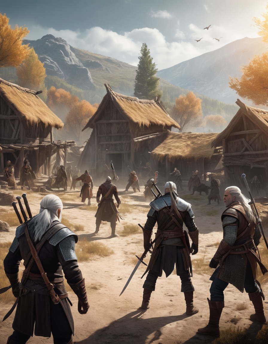 geralt, bandits, battle, fantasy, swords, village, computer games