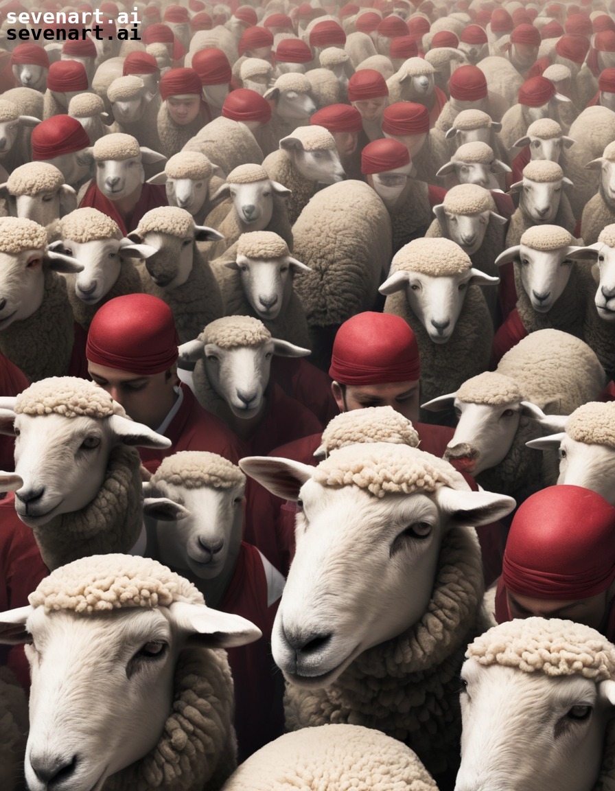 political, rally, blindfolded, sheep, symbolism, politics, sarcasm