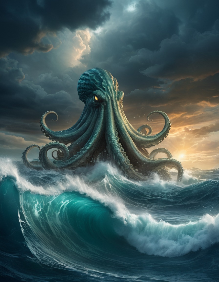 kraken, mythical creature, ocean, storm, waves, fantasy art