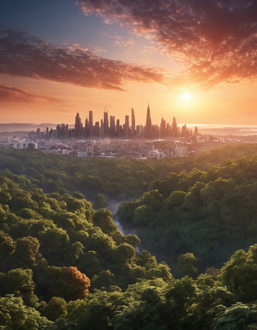 cityscape, skyline, sunrise, forest, nature, beauty, urban landscape, city