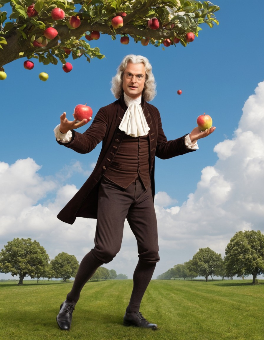 isaac newton, caricature, juggling, apples, funny