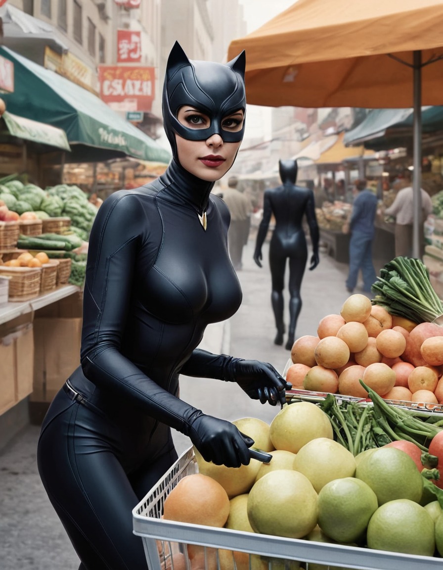 catwoman, grocery shopping, market, city, urban_warrior, superhero, superheroine, bikini