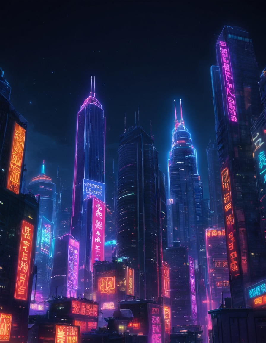 cityscape, skyline, skyscrapers, neon lights, night-time, modern city, city