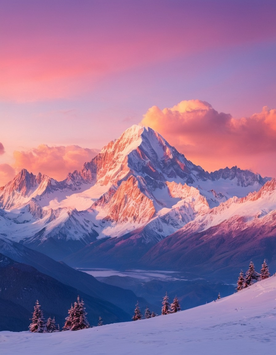 mountains, sunset, snow-capped, landscape, nature, pink sky