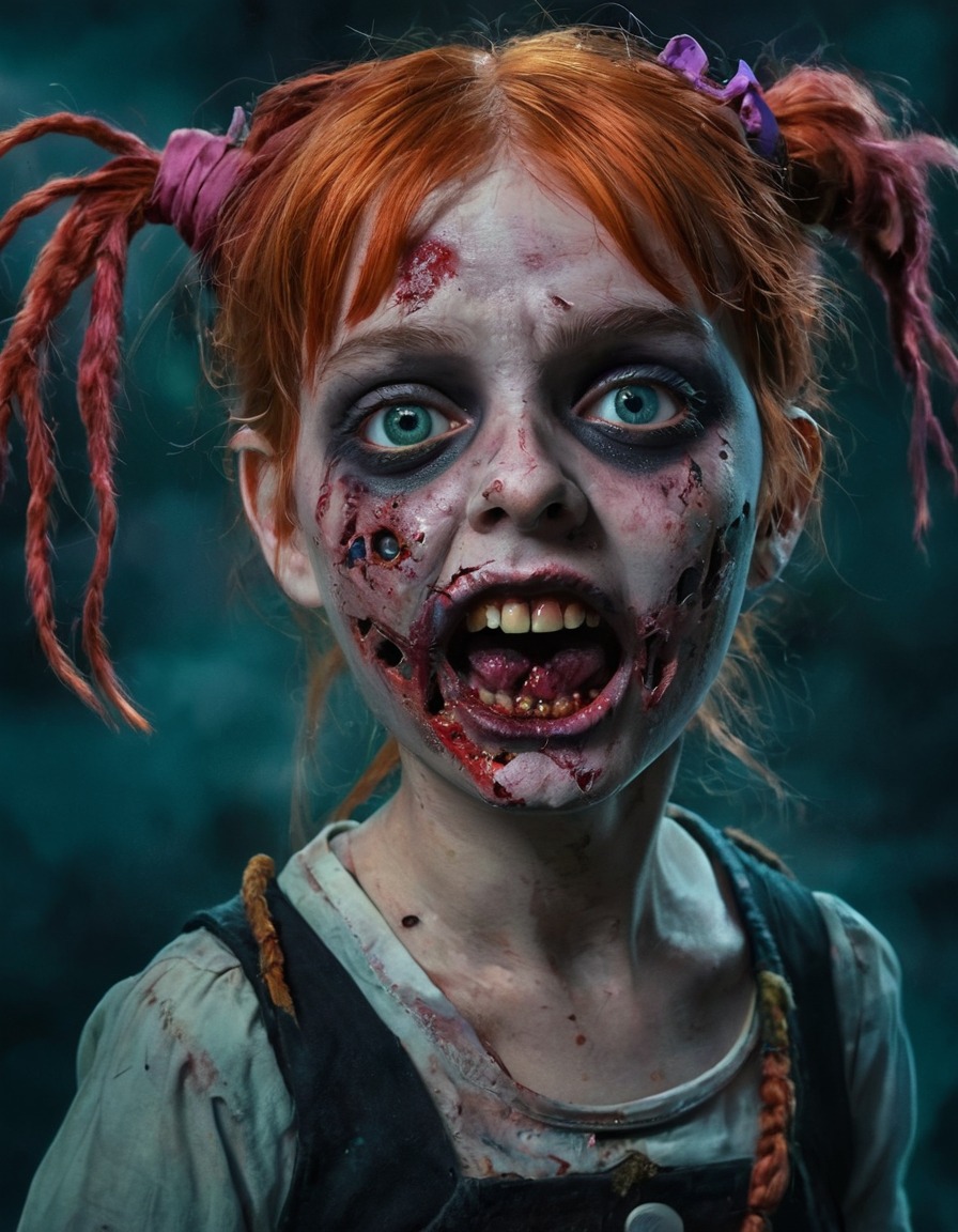 pippi longstocking, zombie, whimsical, colorful