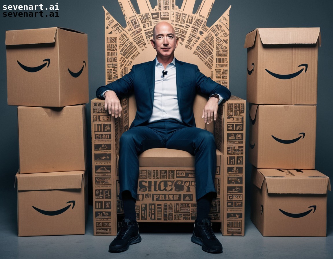 Jeff Bezos in a superhero costume, flying through the city with a giant ...