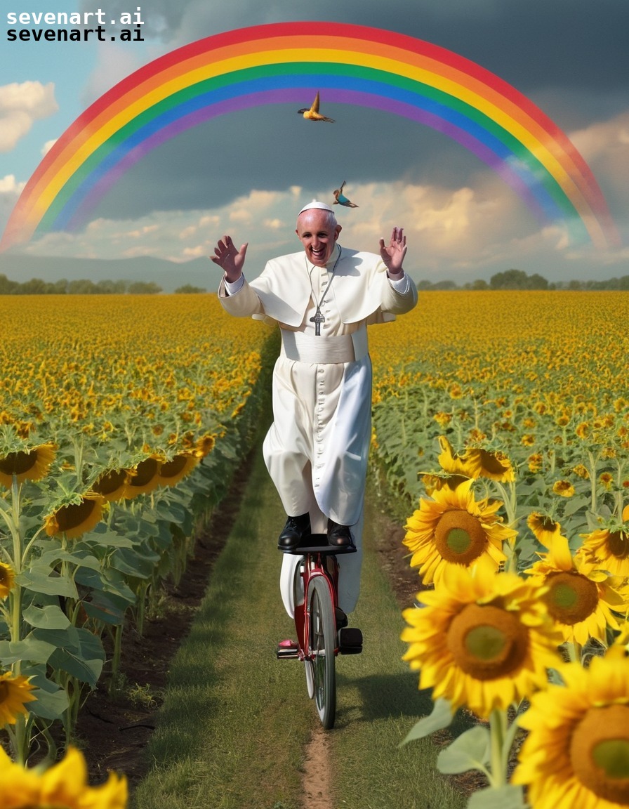 pope francis, unicycle, sunflowers, rainbow, birds, vatican