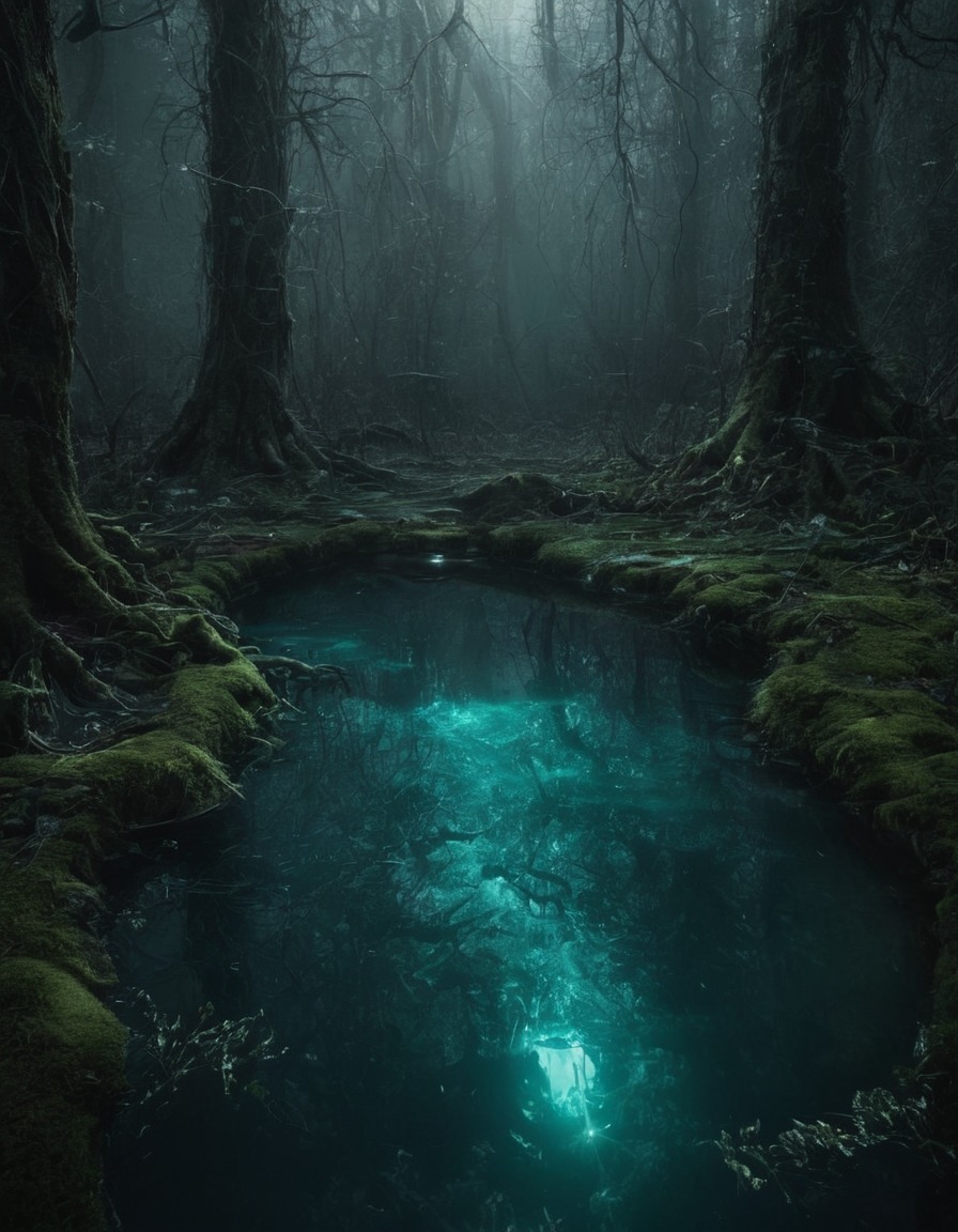 mystical, hidden forest, shimmering pool, water, magical, nature, enchantment