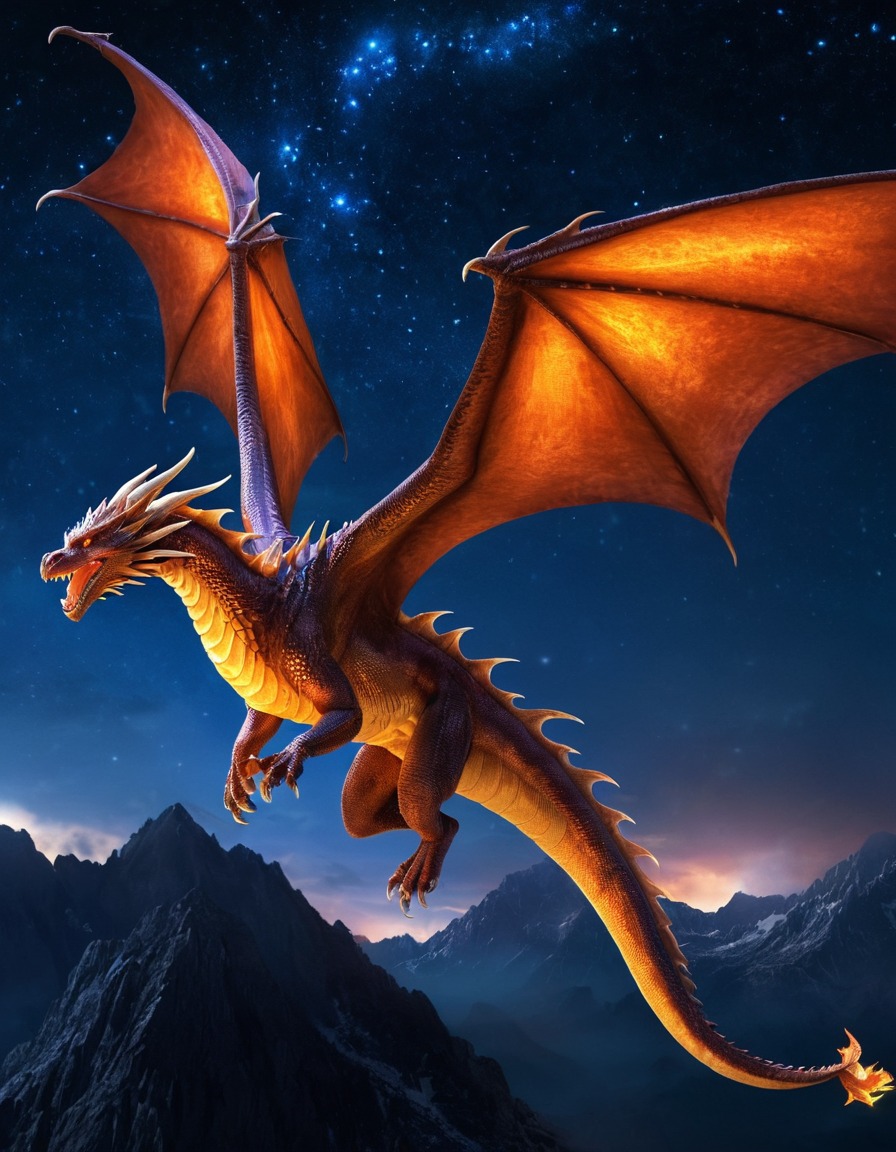 dragon, fantasy, mythical creature, fire-breathing, night sky