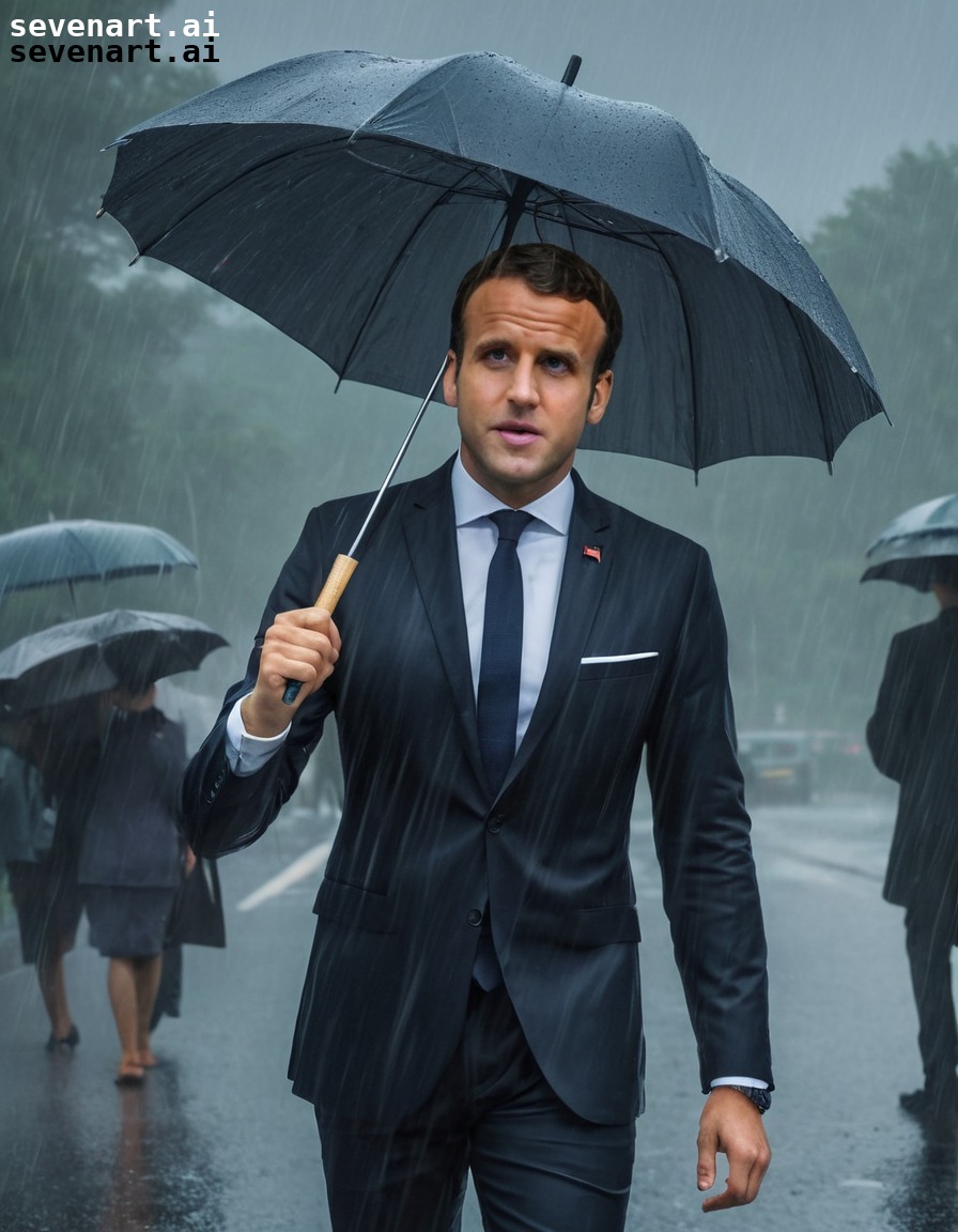 emmanuel macron, rainstorm, haircare, umbrella, humorous, france