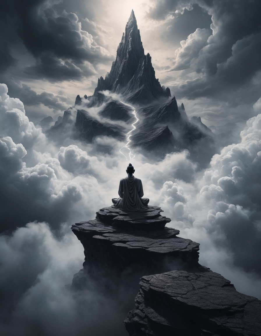 meditation, mountain peak, swirling clouds, loneliness, spirituality, zen, tranquility