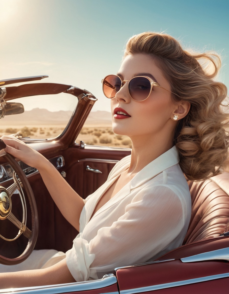 vintage, convertible, sunglasses, woman, allure