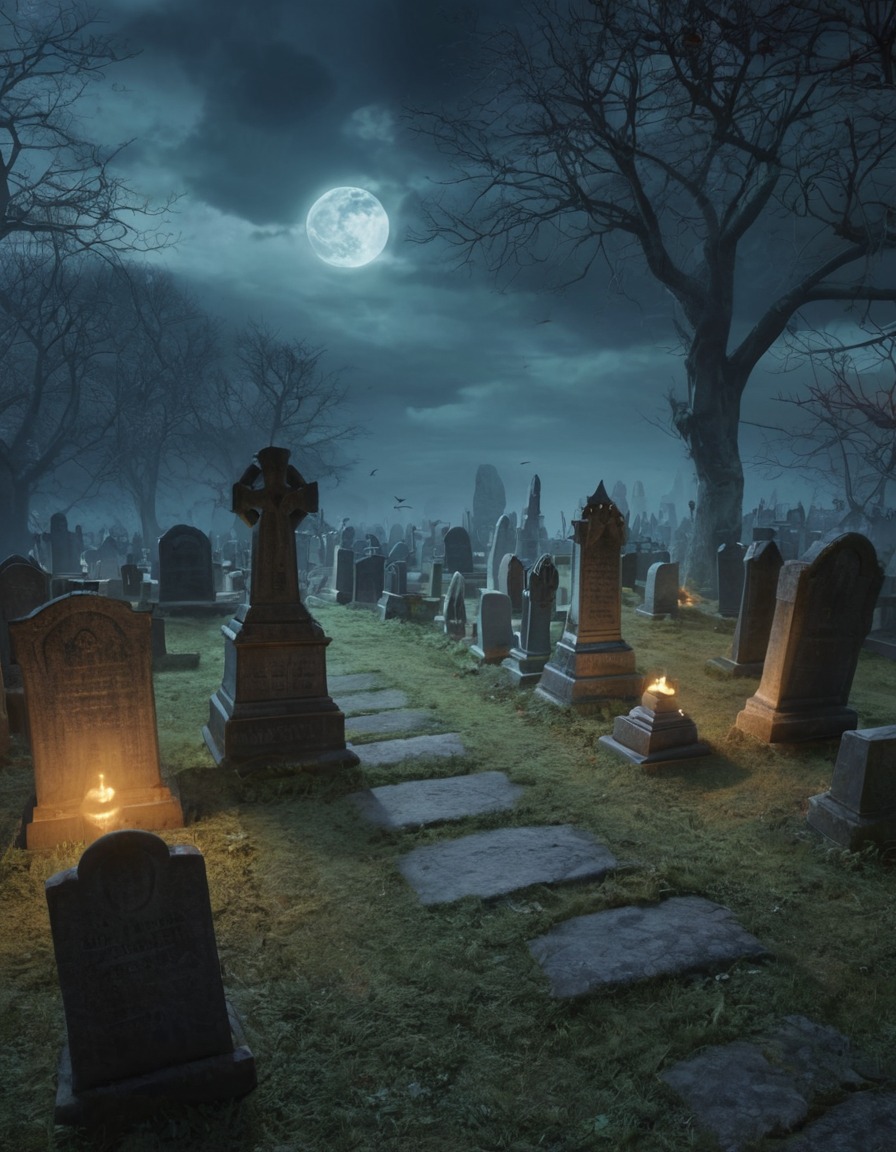 haunted graveyard, ghostly apparitions, fantasy scene, spooky atmosphere, supernatural entities, eerie setting