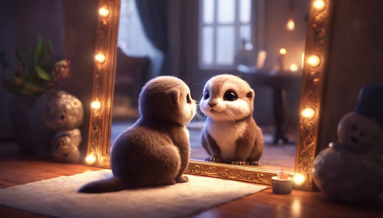 animal, cute, mirror, otter, rodent, sits, front