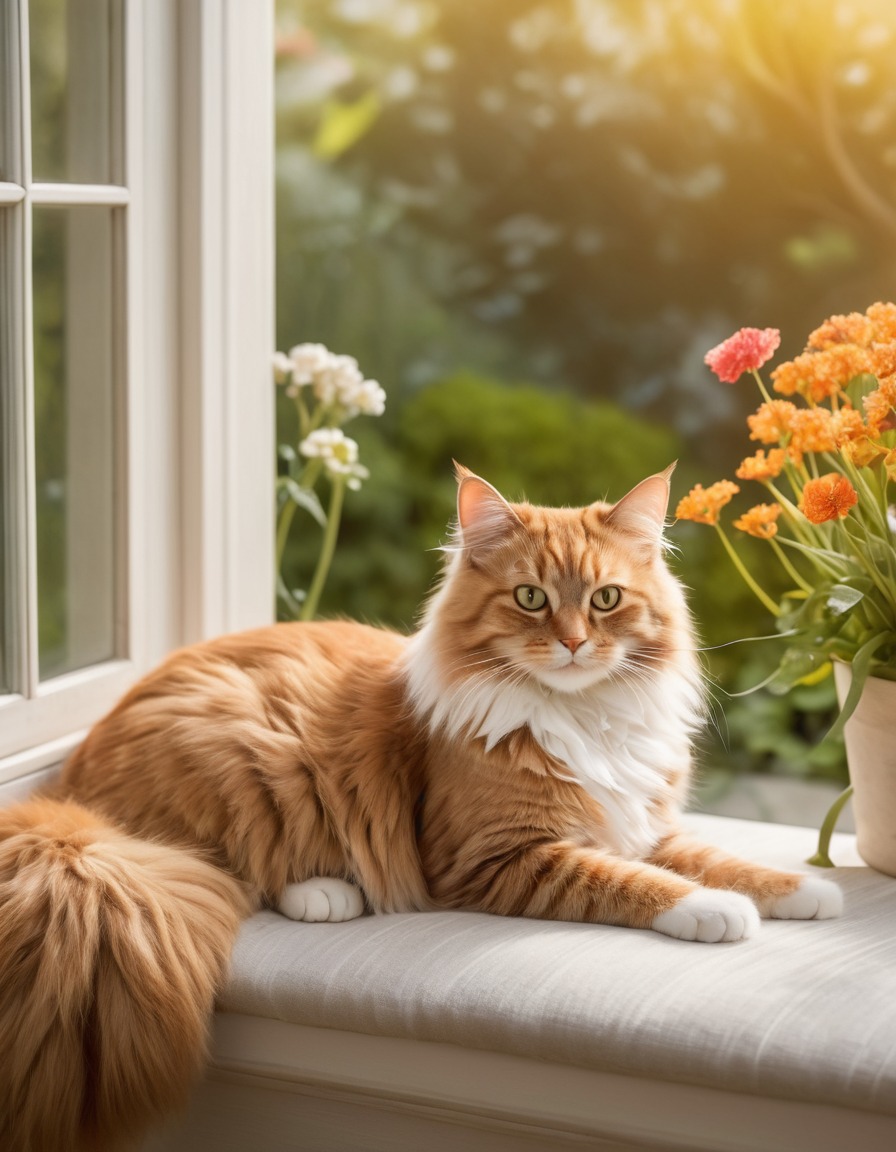 cat, window seat, garden, cozy, relaxation, home, interior