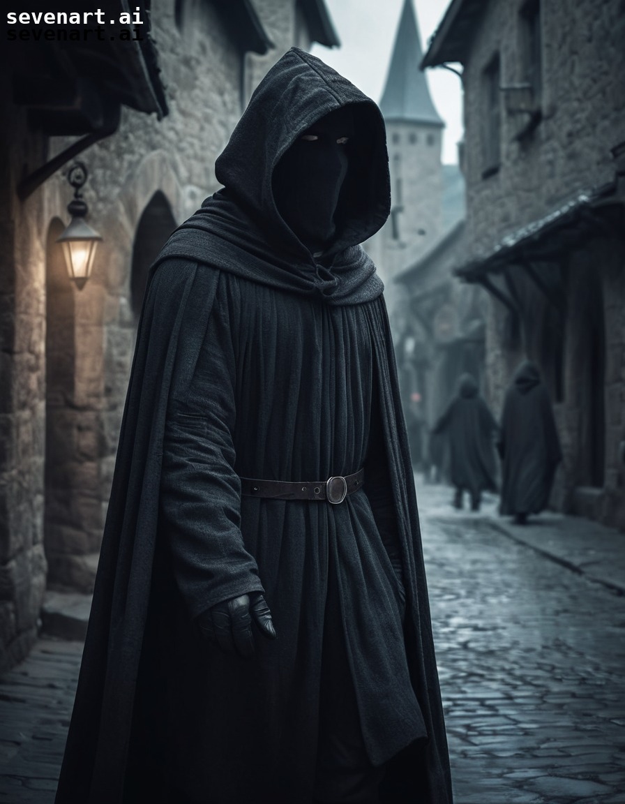 mysterious, figure, hooded cloak, medieval town, stealth, middle ages