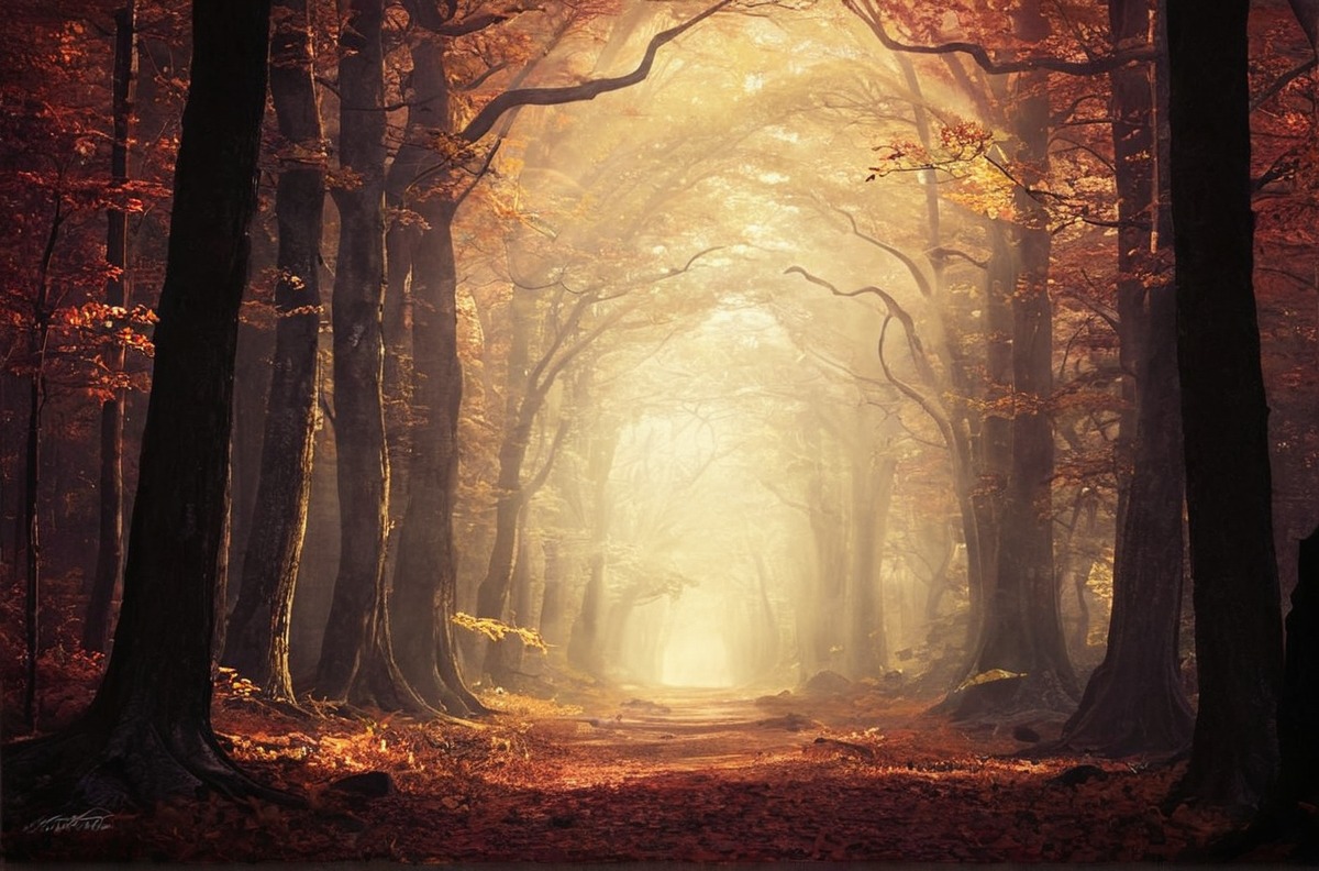 autumn, fall, fog, forest, light, mist, nature, trees, way, photography