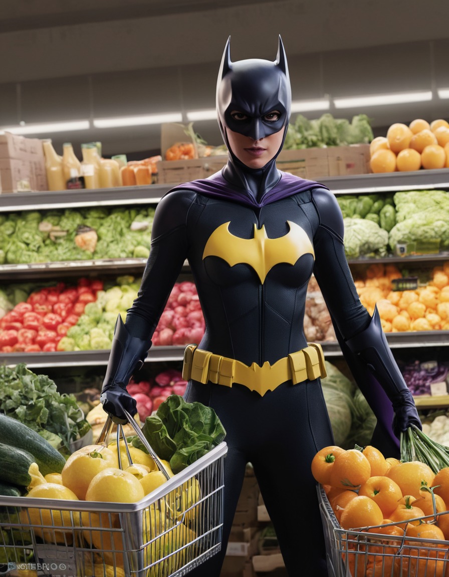 superhero, batgirl, grocery shopping, produce, healthy eating, superheroine, bikini