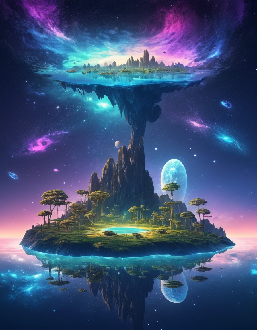 surreal, landscape, floating islands, cosmic, galaxies, space, stars