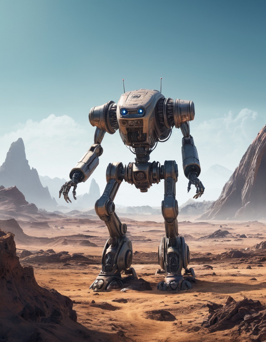 robot, exploration, alien landscape, technology, science fiction, robots