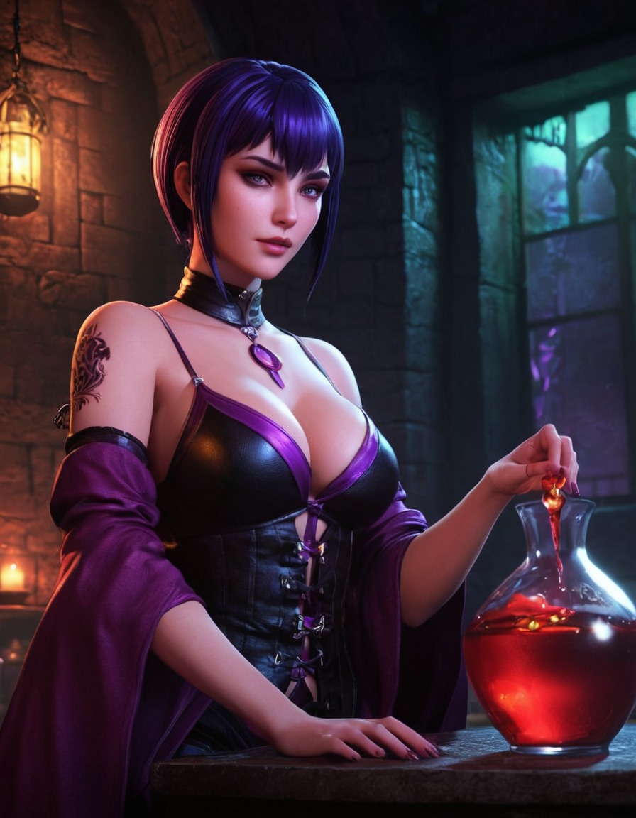 morrigan, dragon age, origins, potion brewing, dark room, anime, games