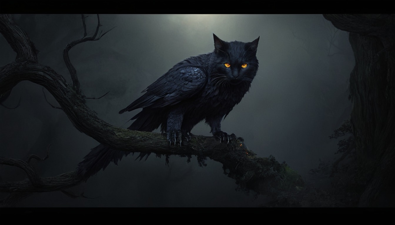 digitalart, cat, animal, bird, owl, digitalpainting, forest, creature, feline, dark, hybrid, raven, ravens, hybridcreature, dailychallenge, aiartcommunity, midjourney, midjourneyai, midjourneyart, midjourneyartwork, midjourneyaiart, midjourneycommunity