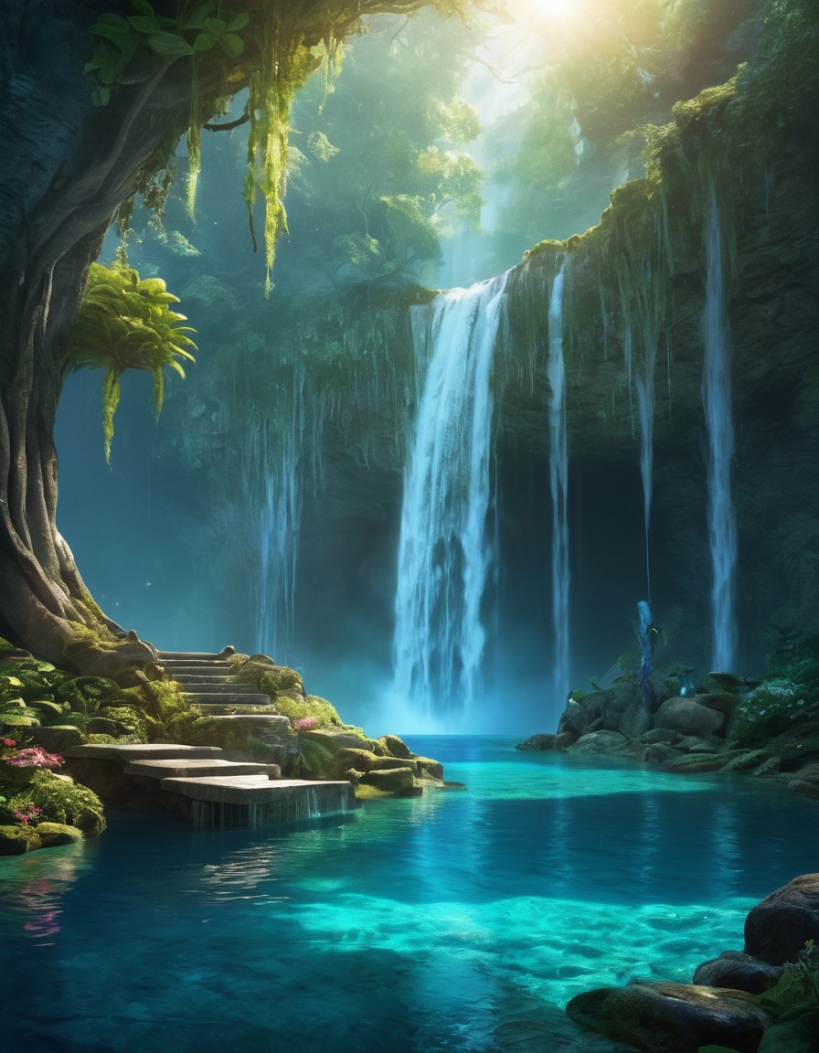 waterfall, glowing pool, enchanted water, fantasy, magical, nature, beauty