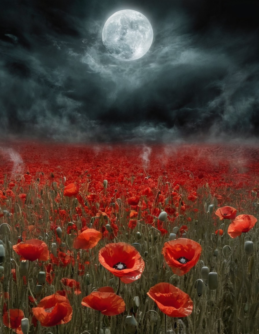 field of poppies, dreamlike, mystical, vapors, nature, fantasy, enchantment