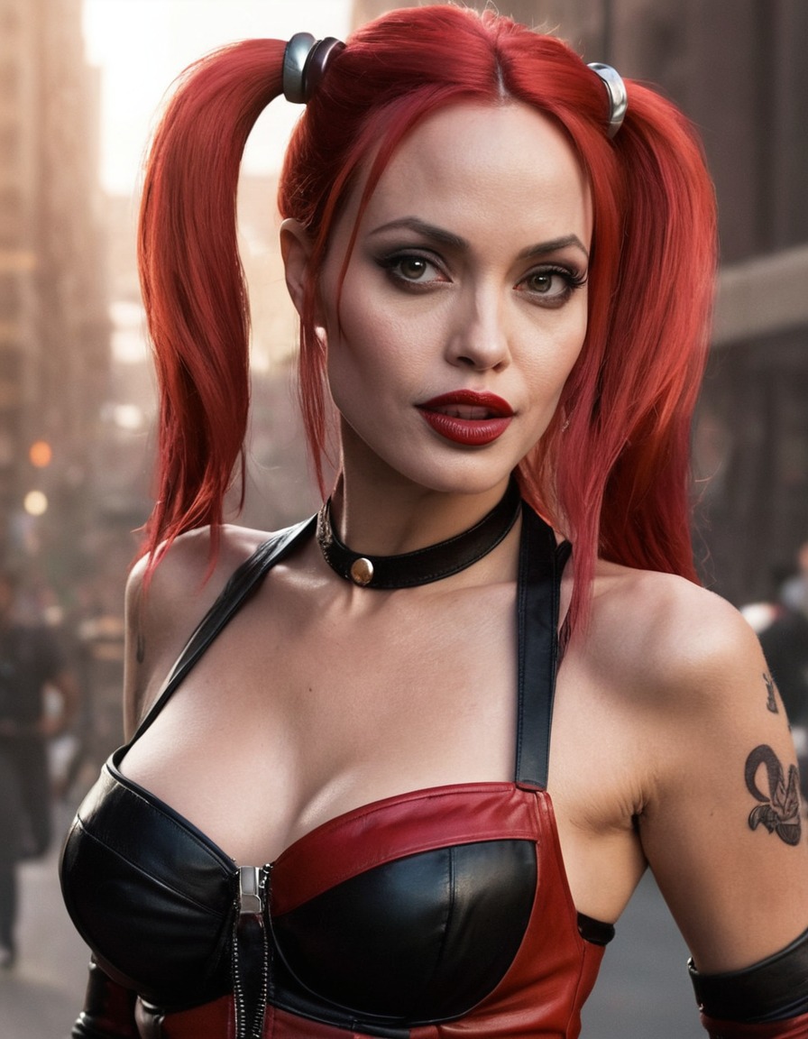 angelina jolie, harley quinn, celebrity transformation, superhero role, action movie, comics adaptation, villainous character