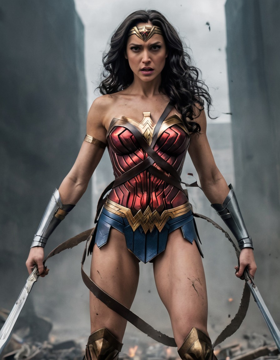 superhero, wonder woman, triumph, ripped clothes, fierce battle, powerful adversary, victory