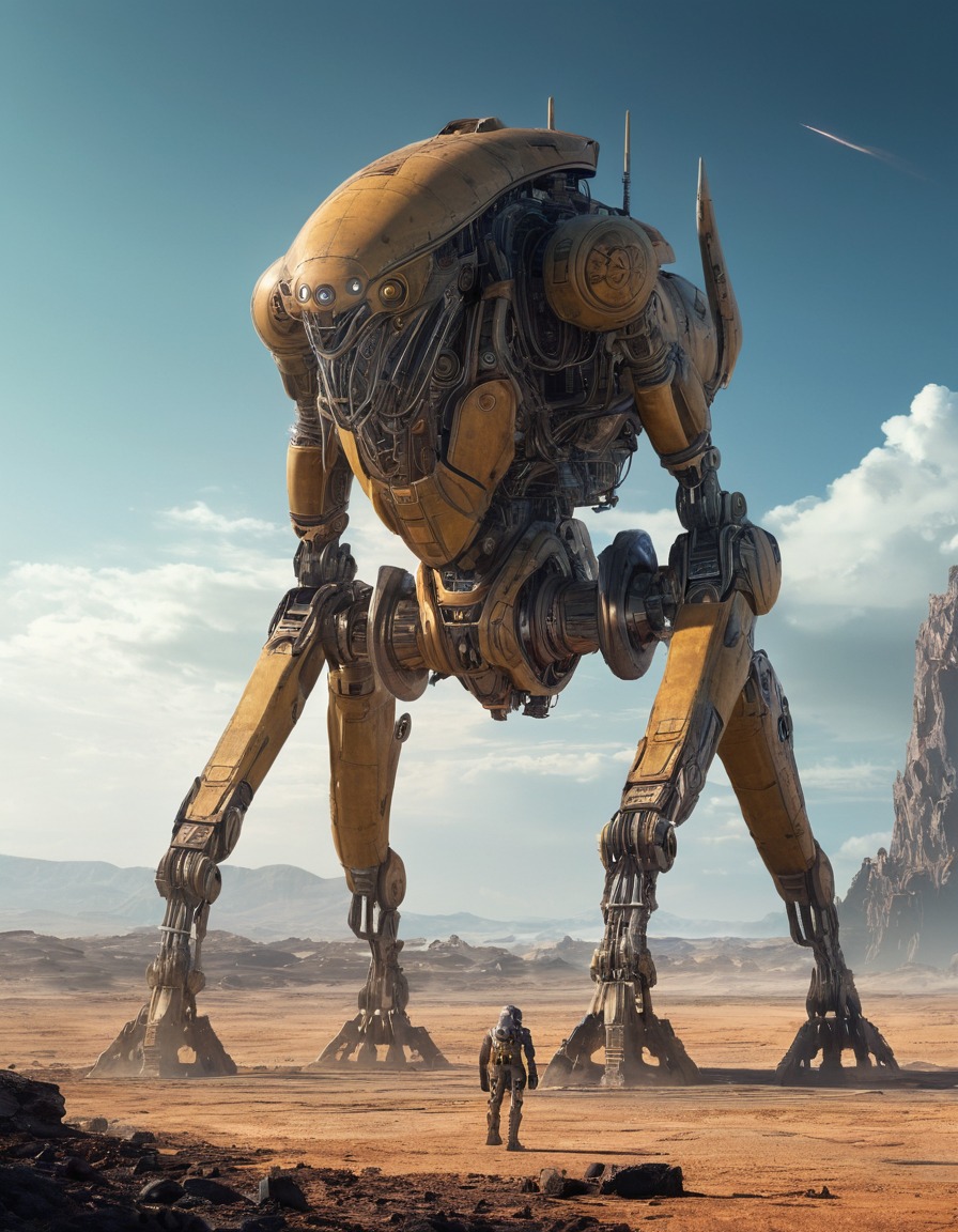 mechanical creature, alien landscape, science fiction, futuristic, extraterrestrial, aliens