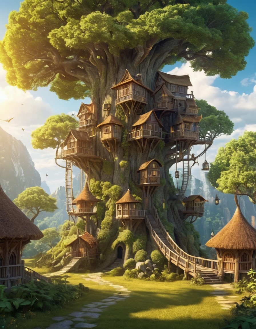 gigantic trees, treehouse villages, mystical beings, fantasy landscape, fantastic