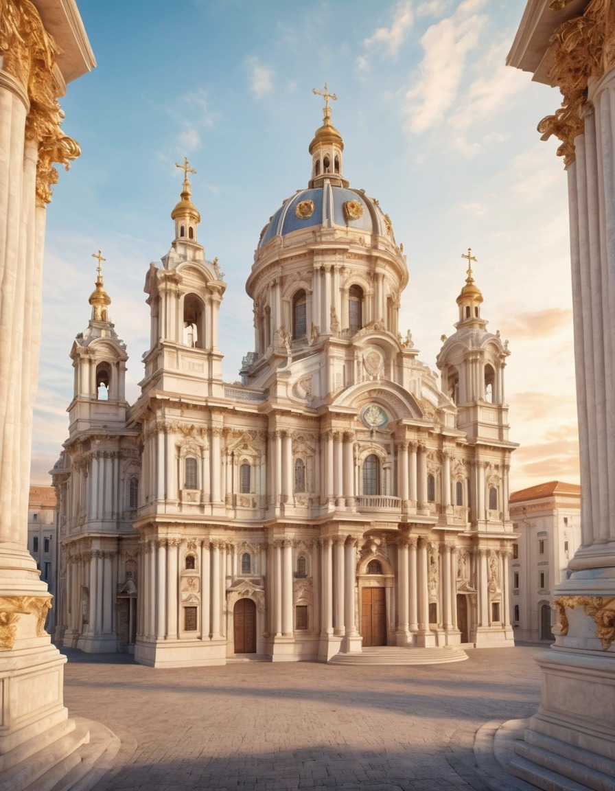 architecture, baroque, church, watercolor painting, façade, columns