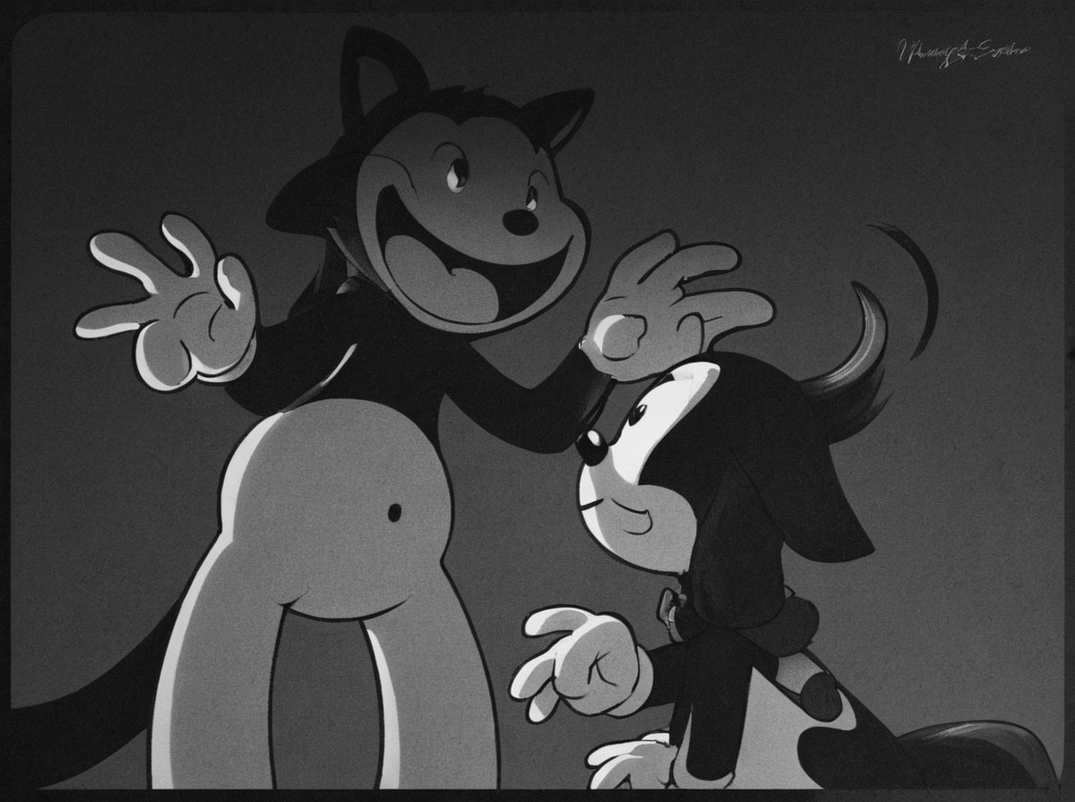 cat, 1930s, scared, scary, sweat, old_school, no_eyes, cat_girl, cat_boy, creepy_face, rubber_hose_style, willy_and_wendy, wendy_cat, willy_cat