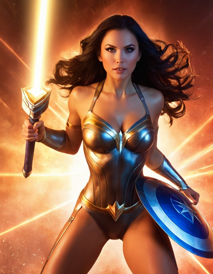 superhero, shield, laser beams, determination, superheroine, nsfw, sexy