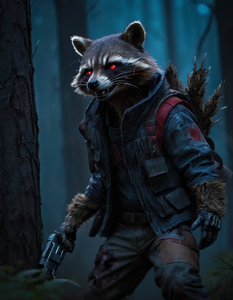 rocket raccoon, marvel, guardians of the galaxy, zombie, dark forest, glowing eyes, fur