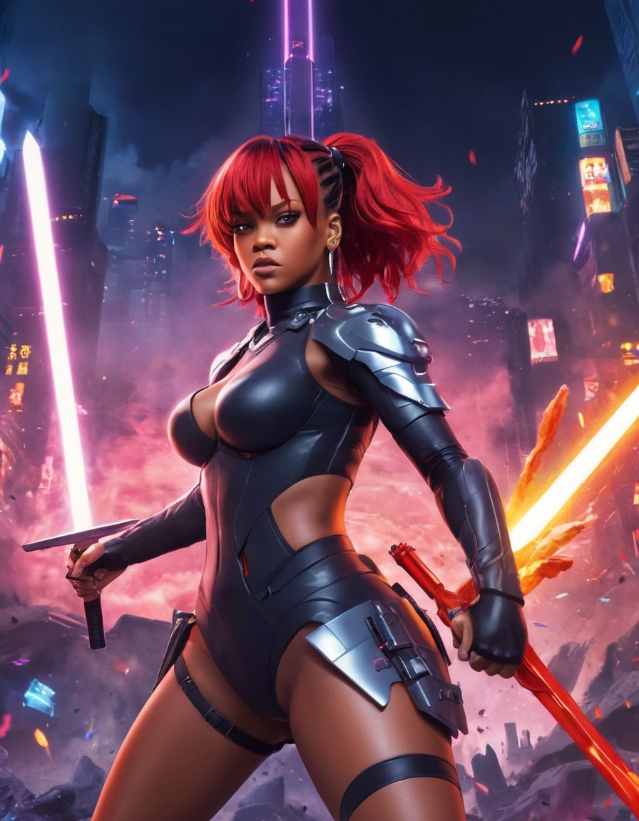 rihanna, anime, warrior, futuristic, powerful, battle