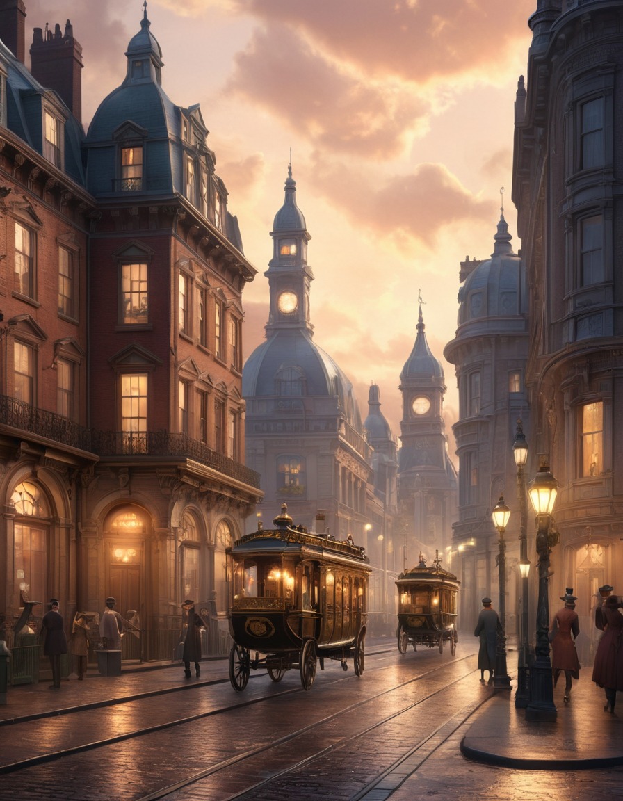 victorian era, cityscape, ornate buildings, gas streetlights, architecture