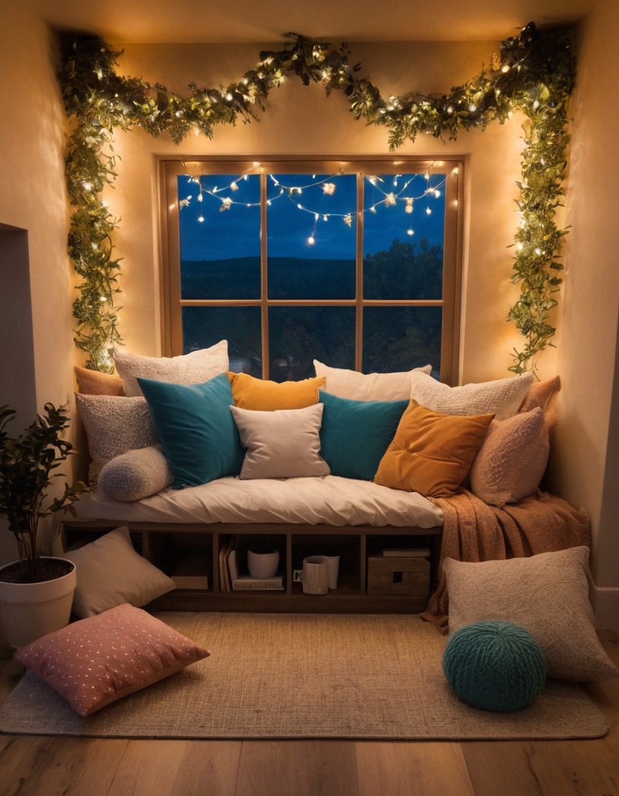 cozy, reading nook, pillows, fairy lights, home, interior