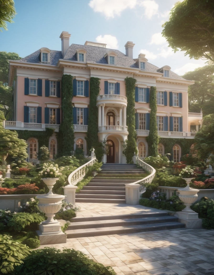 colonial architecture, mansion, gardens, staircase, luxury, grandeur, architecture