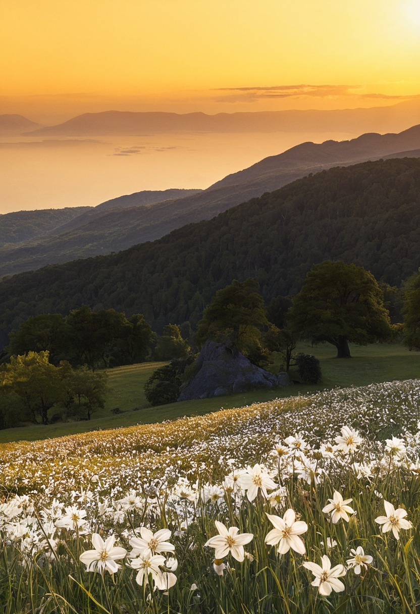 switzerland, landscape, sunset, flower fields, flower field, wild flowers, white flowers, nature, flowers, cottage